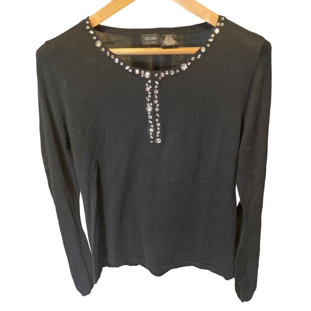 Nicole by Nicole Miller NWT Black Knit Sparkle Boat Neck Balloon Sleeve Top Sz M